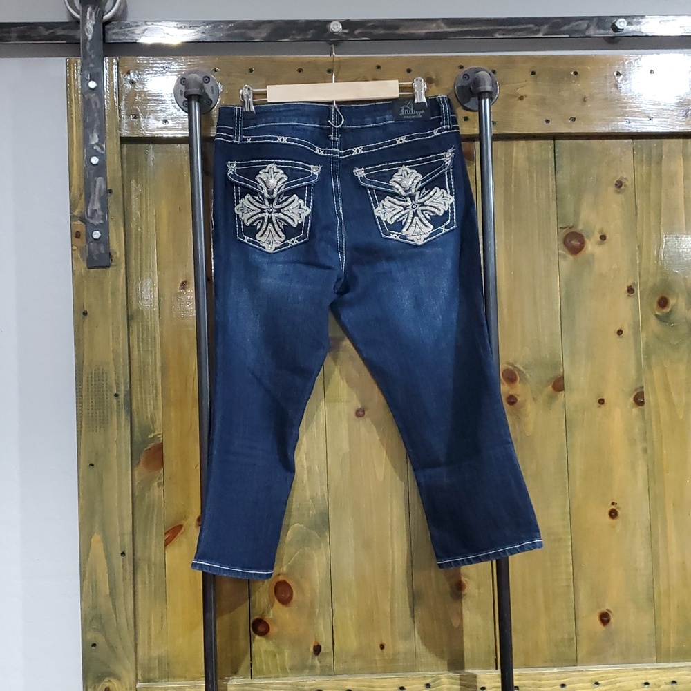 Fleur De Lis Blue Jeans Cropped Capri Love Indigo Premium Casual Western Cowgirl